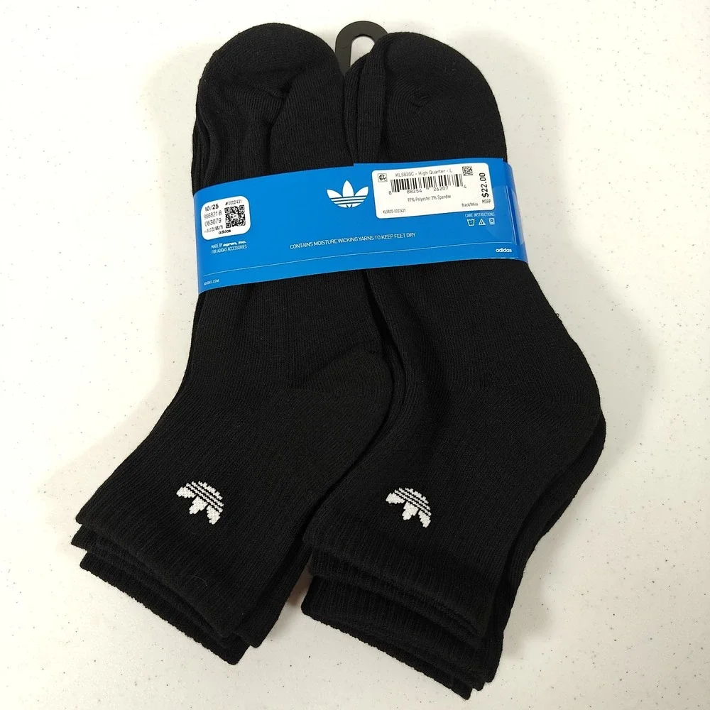 Adidas Originals Trefoil Cushioned High Quarter Socks 6 Pair Black Men's L 6-12